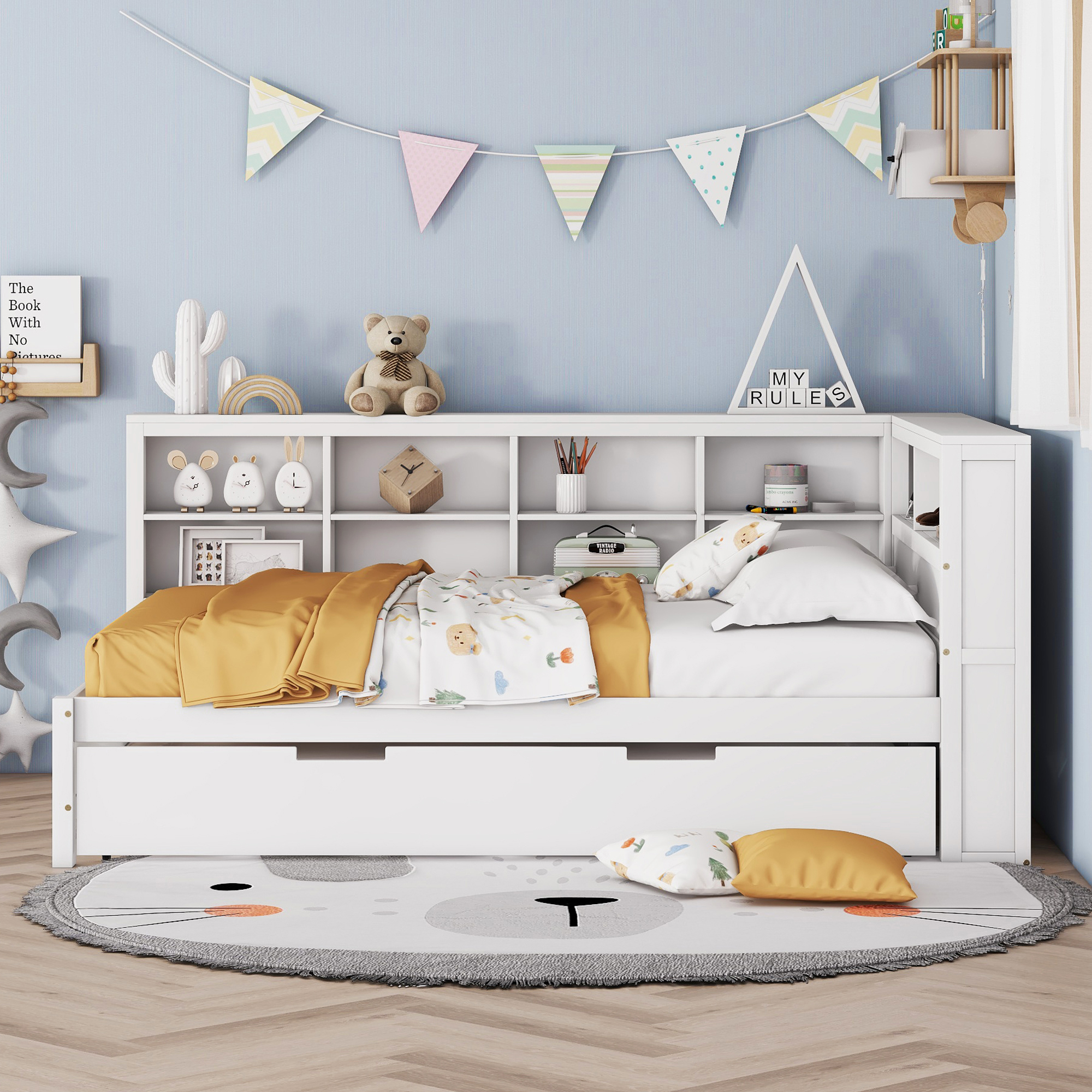 Full Size DayBed with Twin Size Trundle, Storage Shelf and USB Charging Ports