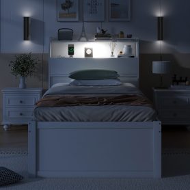 Twin Size Wooden LED Platform Bed with Trundle, Storage Headboard and Drawers