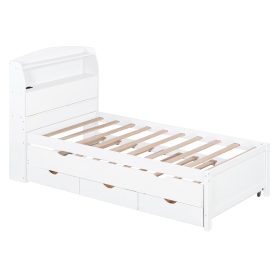 Twin Size Wooden LED Platform Bed with Trundle, Storage Headboard and Drawers