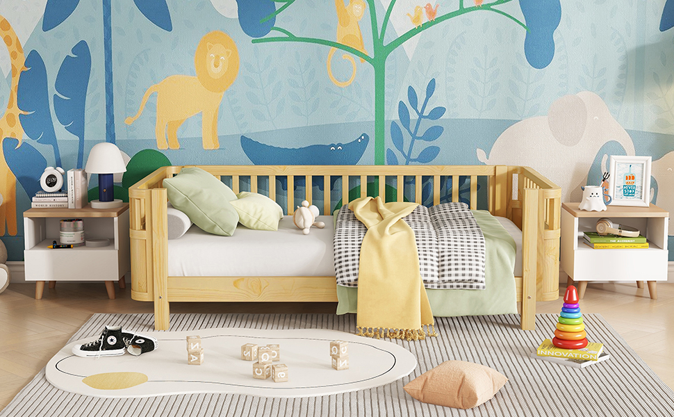Twin Size Wood Low Profile Full Bed With Rails