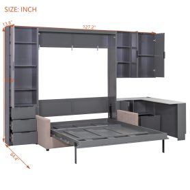 Queen Wall Murphy Bed with Hydraulic Storage, Sofa, Shelves & Drawers, LED/USB Lighting