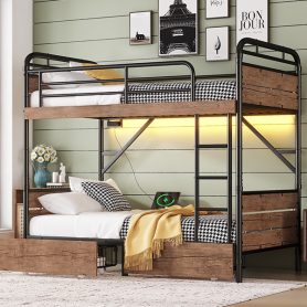Metal Twin XL over Twin XL Bunk Bed With LED Light And Charge Station 30 Metal Twin XL over Twin XL Bunk Bed With LED Light And Charge Station