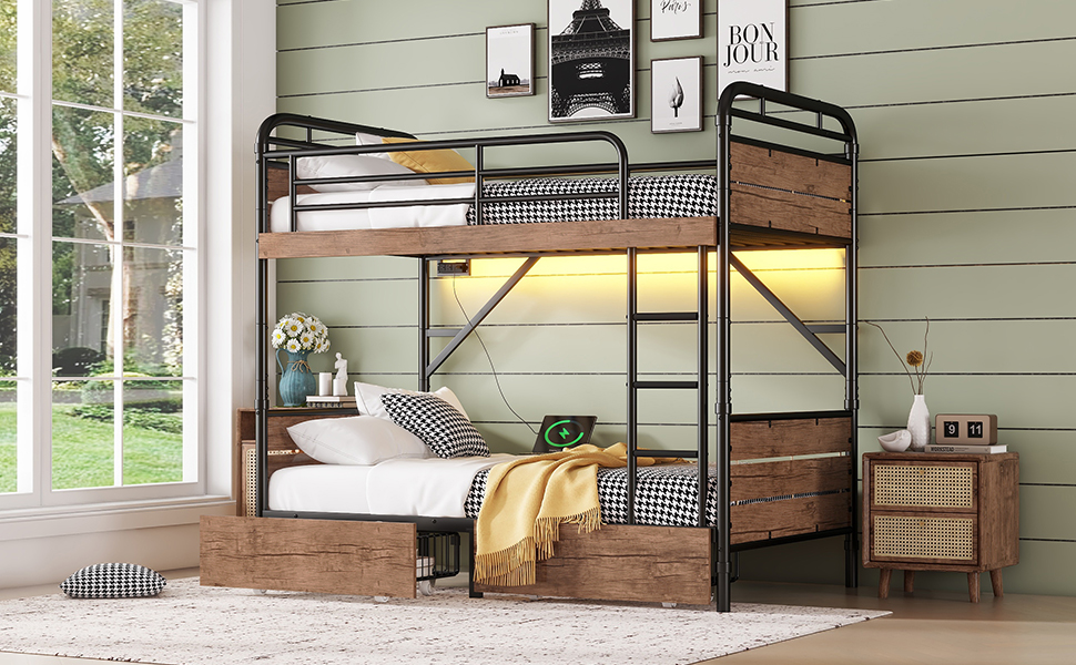 Metal Twin XL over Twin XL Bunk Bed With LED Light And Charge Station 10 Metal Twin XL over Twin XL Bunk Bed With LED Light And Charge Station