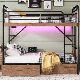 Metal Twin XL over Twin XL Bunk Bed With LED Light And Charge Station 41 Metal Twin XL over Twin XL Bunk Bed With LED Light And Charge Station
