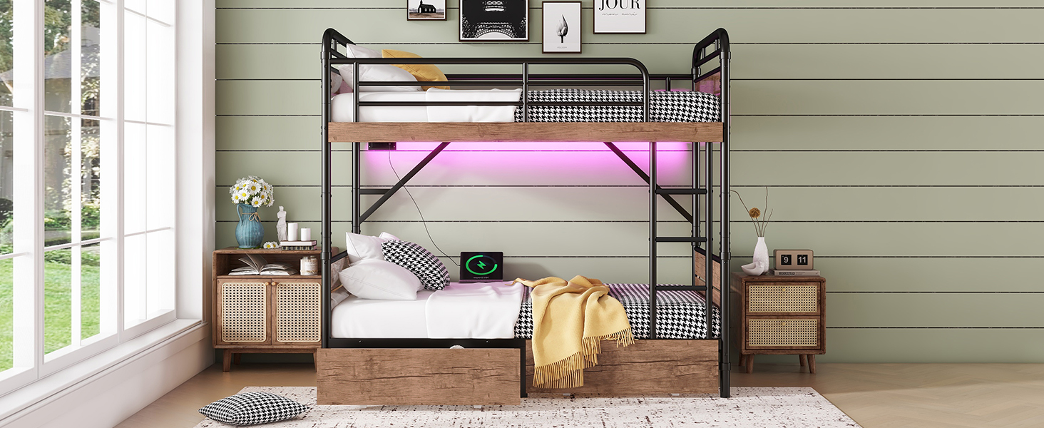 Metal Twin XL over Twin XL Bunk Bed With LED Light And Charge Station 21 Metal Twin XL over Twin XL Bunk Bed With LED Light And Charge Station