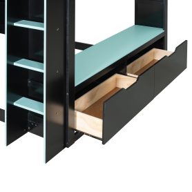 Full Size Wood Loft Bed With Height-adjustable Desk, Drawers, Storage Compartments, Hanging Rod And RGB Lights