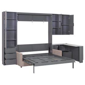 Queen Wall Murphy Bed with Hydraulic Storage, Sofa, Shelves & Drawers, LED/USB Lighting