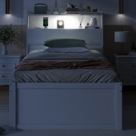 Twin Size Wooden LED Platform Bed with Trundle, Storage Headboard and Drawers