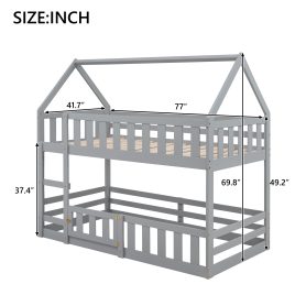 Low Twin over Twin House Bunk Bed with Fence and Door
