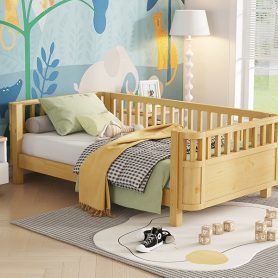 Twin Size Wood Low Profile Full Bed With Rails