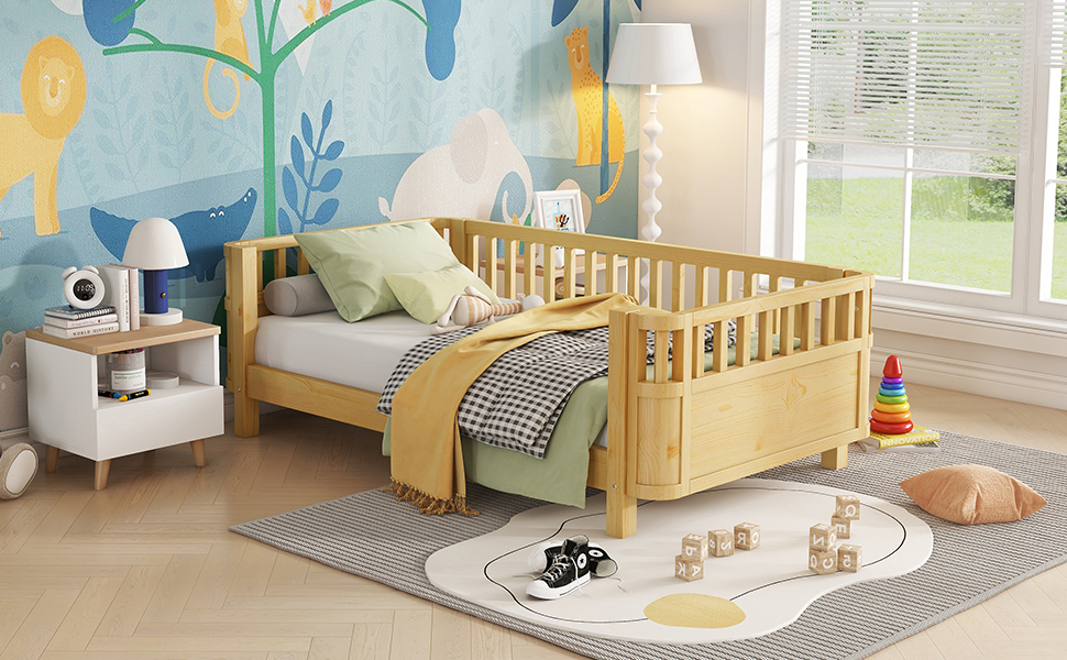 Twin Size Wood Low Profile Full Bed With Rails