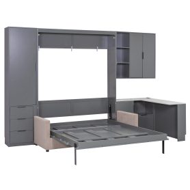 Queen Wall Murphy Bed with Hydraulic Storage, Sofa, Shelves & Drawers, LED/USB Lighting