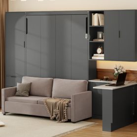Queen Wall Murphy Bed with Hydraulic Storage, Sofa, Shelves & Drawers, LED/USB Lighting