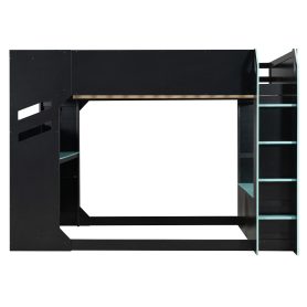Full Size Wood Loft Bed With Height-adjustable Desk, Drawers, Storage Compartments, Hanging Rod And RGB Lights