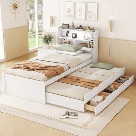 Twin Size Wooden LED Platform Bed with Trundle, Storage Headboard and Drawers