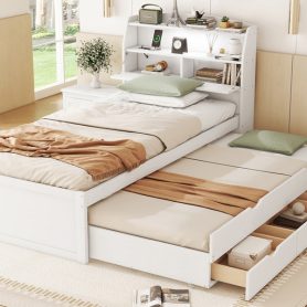 Twin Size Wooden LED Platform Bed with Trundle, Storage Headboard and Drawers
