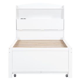 Twin Size Wooden LED Platform Bed with Trundle, Storage Headboard and Drawers