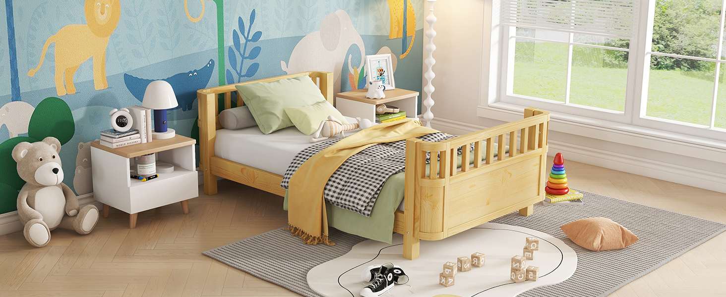 Twin Size Wood Low Profile Full Bed With Rails