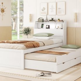 Twin Size Wooden LED Platform Bed with Trundle, Storage Headboard and Drawers
