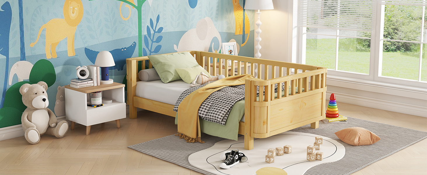 Twin Size Wood Low Profile Full Bed With Rails