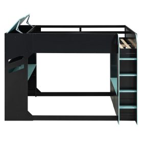 Full Size Wood Loft Bed With Height-adjustable Desk, Drawers, Storage Compartments, Hanging Rod And RGB Lights