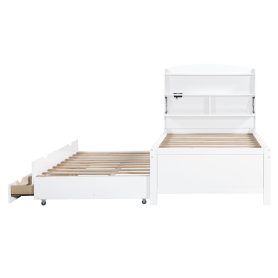 Twin Size Wooden LED Platform Bed with Trundle, Storage Headboard and Drawers