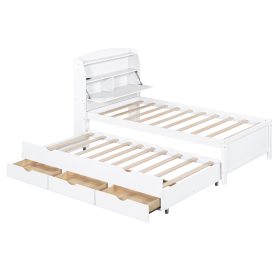 Twin Size Wooden LED Platform Bed with Trundle, Storage Headboard and Drawers