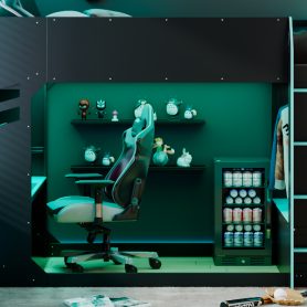 Full Size Wood Loft Bed With Height-adjustable Desk, Drawers, Storage Compartments, Hanging Rod And RGB Lights