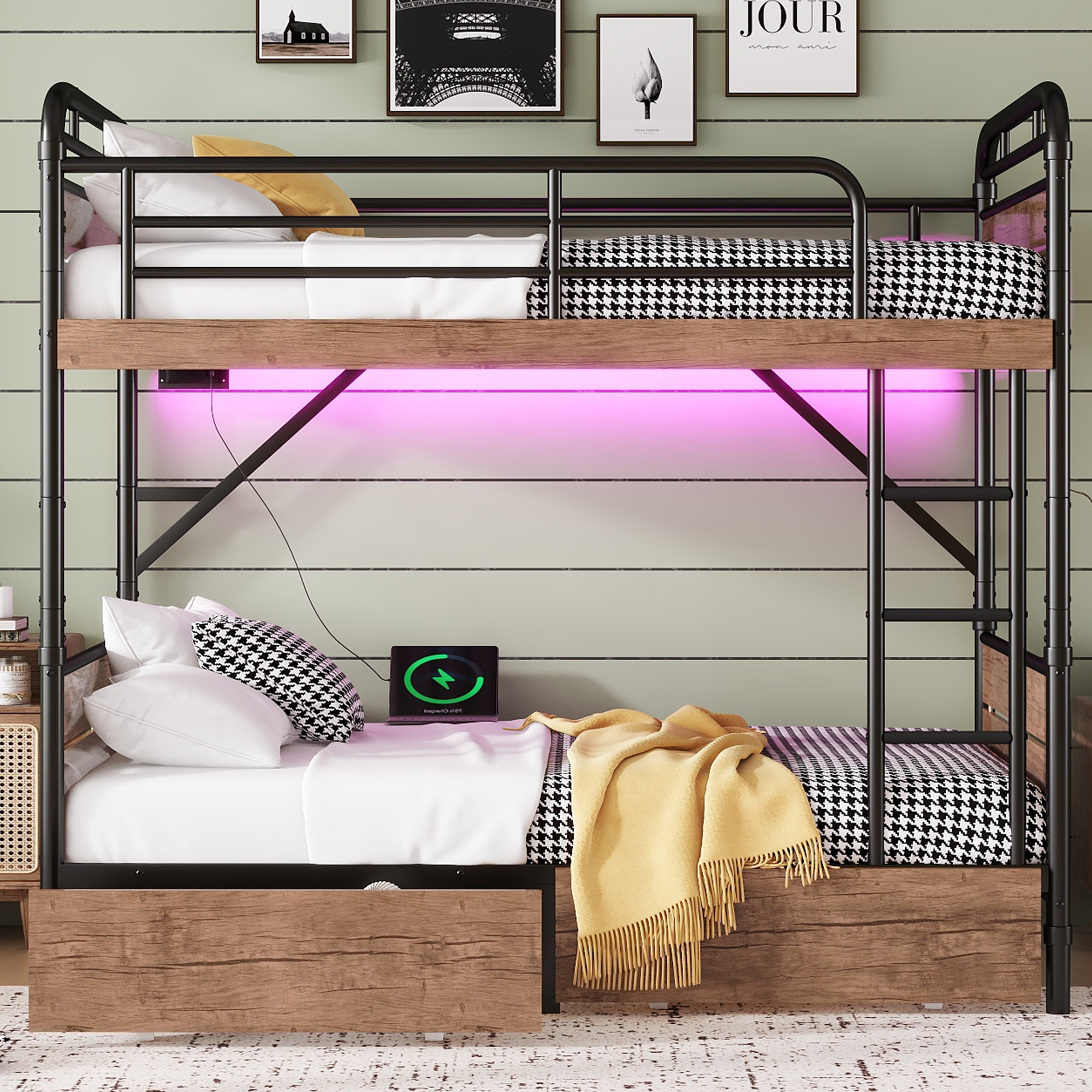 Metal Twin XL over Twin XL Bunk Bed With LED Light And Charge Station 4 Metal Twin XL over Twin XL Bunk Bed With LED Light And Charge Station