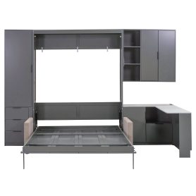 Queen Wall Murphy Bed with Hydraulic Storage, Sofa, Shelves & Drawers, LED/USB Lighting