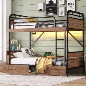 Metal Twin XL over Twin XL Bunk Bed With LED Light And Charge Station 25 Metal Twin XL over Twin XL Bunk Bed With LED Light And Charge Station