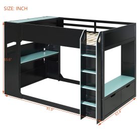 Full Size Wood Loft Bed With Height-adjustable Desk, Drawers, Storage Compartments, Hanging Rod And RGB Lights