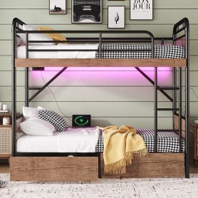 Metal Twin XL over Twin XL Bunk Bed With LED Light And Charge Station 28 Metal Twin XL over Twin XL Bunk Bed With LED Light And Charge Station