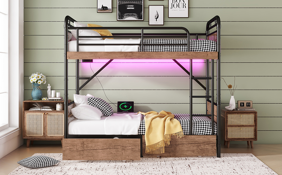 Metal Twin XL over Twin XL Bunk Bed With LED Light And Charge Station 8 Metal Twin XL over Twin XL Bunk Bed With LED Light And Charge Station