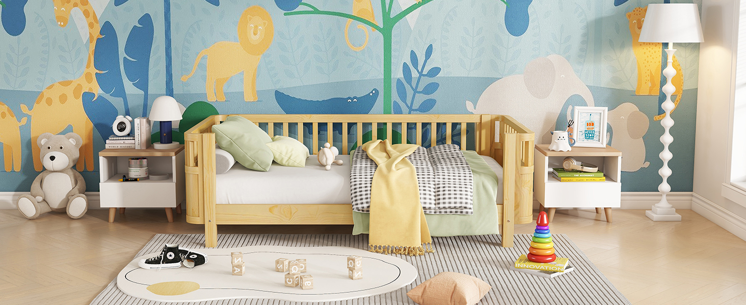 Twin Size Wood Low Profile Full Bed With Rails