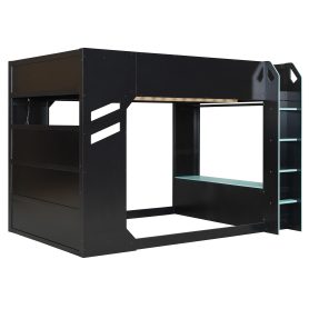 Full Size Wood Loft Bed With Height-adjustable Desk, Drawers, Storage Compartments, Hanging Rod And RGB Lights