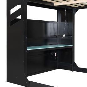 Full Size Wood Loft Bed With Height-adjustable Desk, Drawers, Storage Compartments, Hanging Rod And RGB Lights