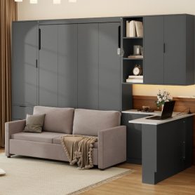 Queen Wall Murphy Bed with Hydraulic Storage, Sofa, Shelves & Drawers, LED/USB Lighting