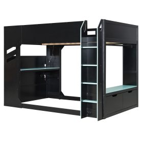 Full Size Wood Loft Bed With Height-adjustable Desk, Drawers, Storage Compartments, Hanging Rod And RGB Lights