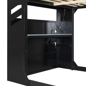 Full Size Wood Loft Bed With Height-adjustable Desk, Drawers, Storage Compartments, Hanging Rod And RGB Lights