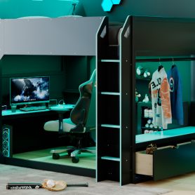 Full Size Wood Loft Bed With Height-adjustable Desk, Drawers, Storage Compartments, Hanging Rod And RGB Lights