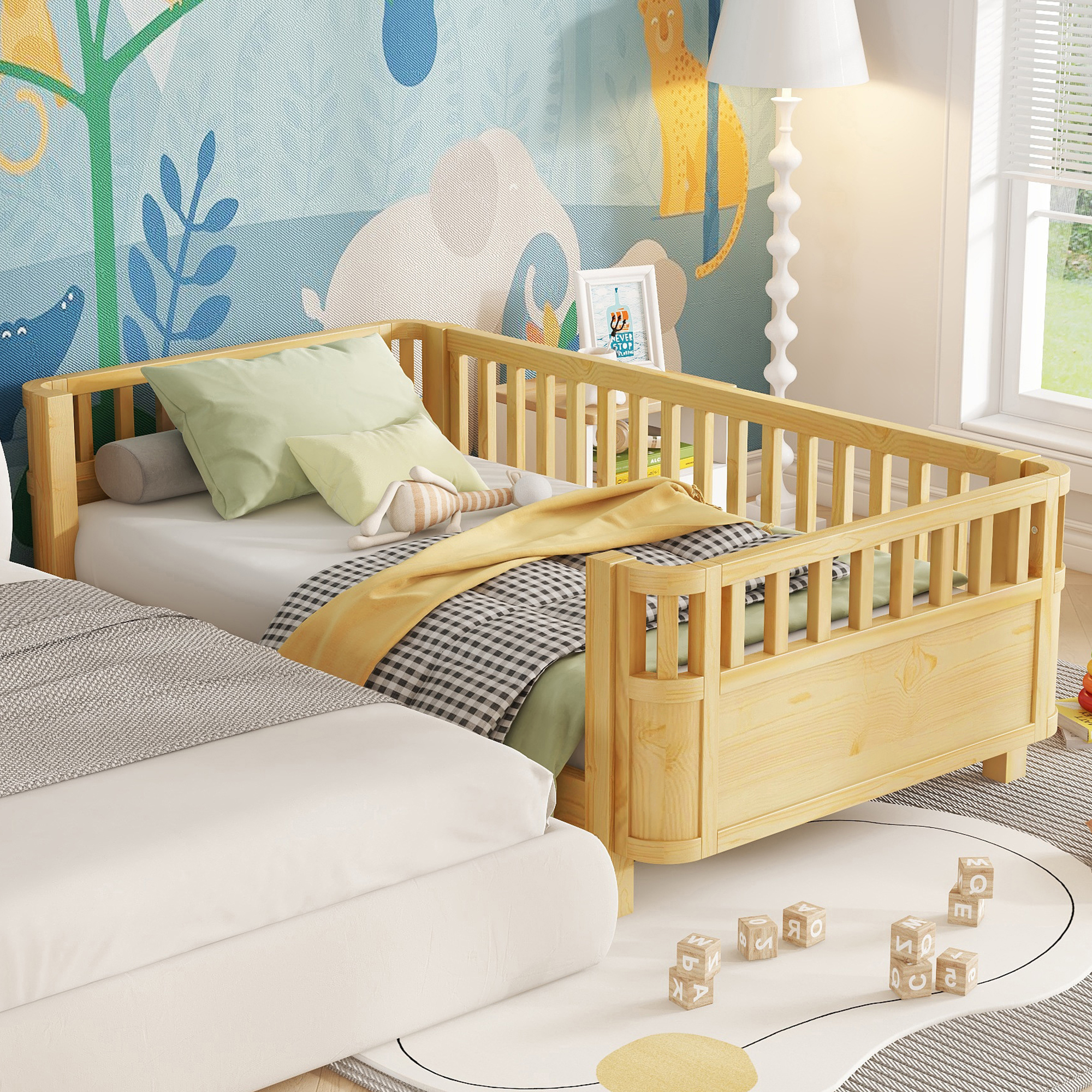 Twin Size Wood Low Profile Full Bed With Rails