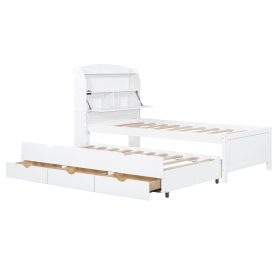 Twin Size Wooden LED Platform Bed with Trundle, Storage Headboard and Drawers