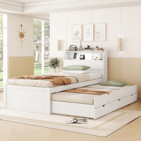 Twin Size Wooden LED Platform Bed with Trundle, Storage Headboard and Drawers
