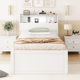 Twin Size Wooden LED Platform Bed with Trundle, Storage Headboard and Drawers