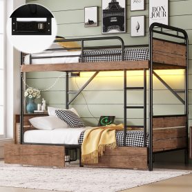 Metal Twin XL over Twin XL Bunk Bed With LED Light And Charge Station