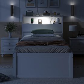 Twin Size Wooden LED Platform Bed with Trundle, Storage Headboard and Drawers