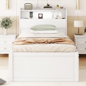 Twin Size Wooden LED Platform Bed with Trundle, Storage Headboard and Drawers