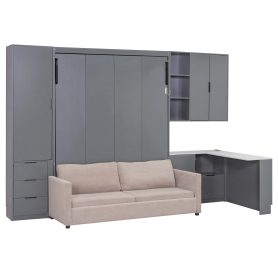 Queen Wall Murphy Bed with Hydraulic Storage, Sofa, Shelves & Drawers, LED/USB Lighting