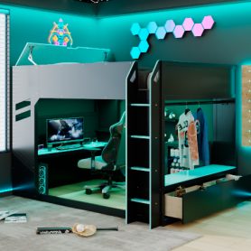 Full Size Wood Loft Bed With Height-adjustable Desk, Drawers, Storage Compartments, Hanging Rod And RGB Lights